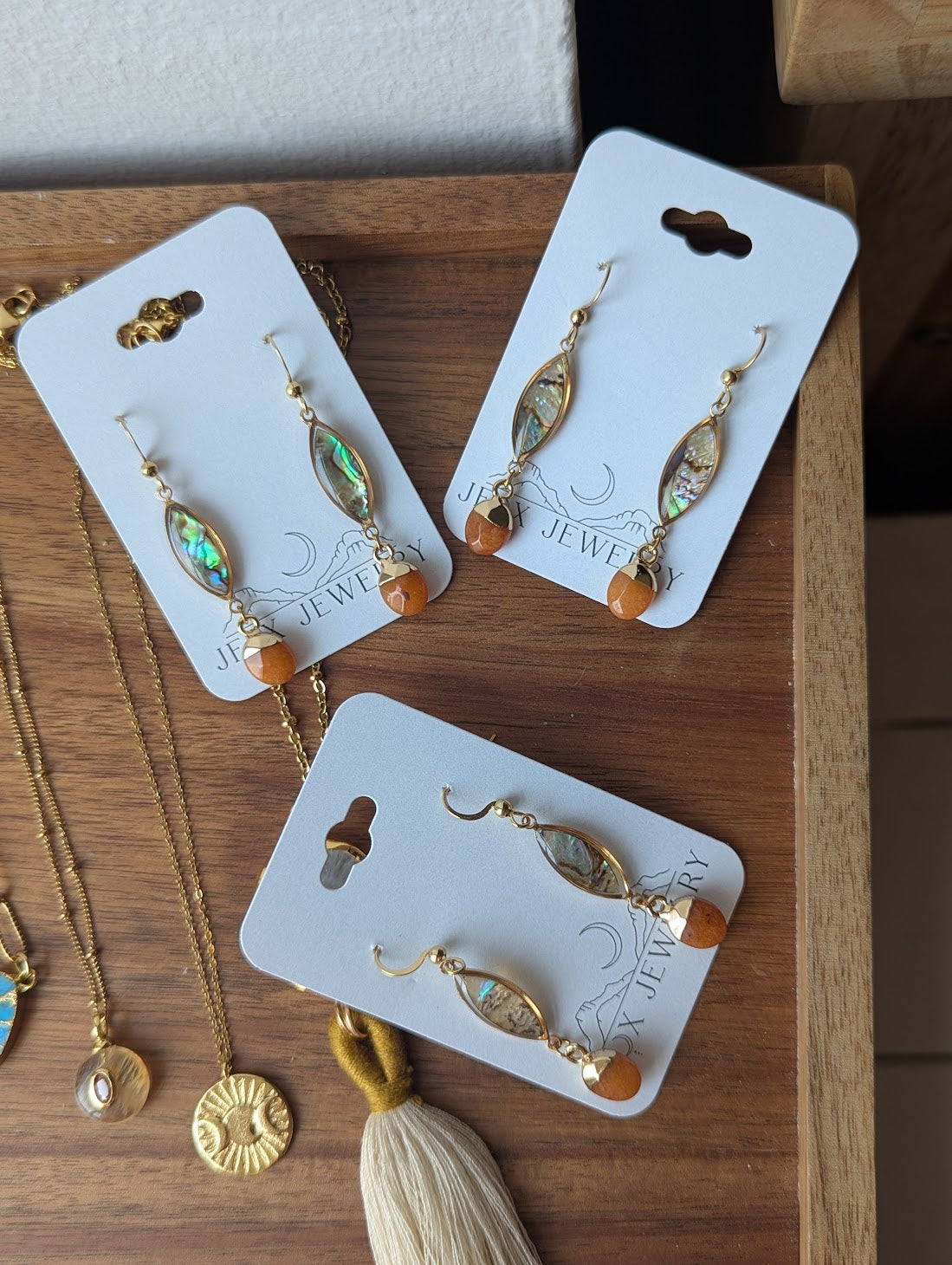 Abalone and Orange Crystal Gold Earrings