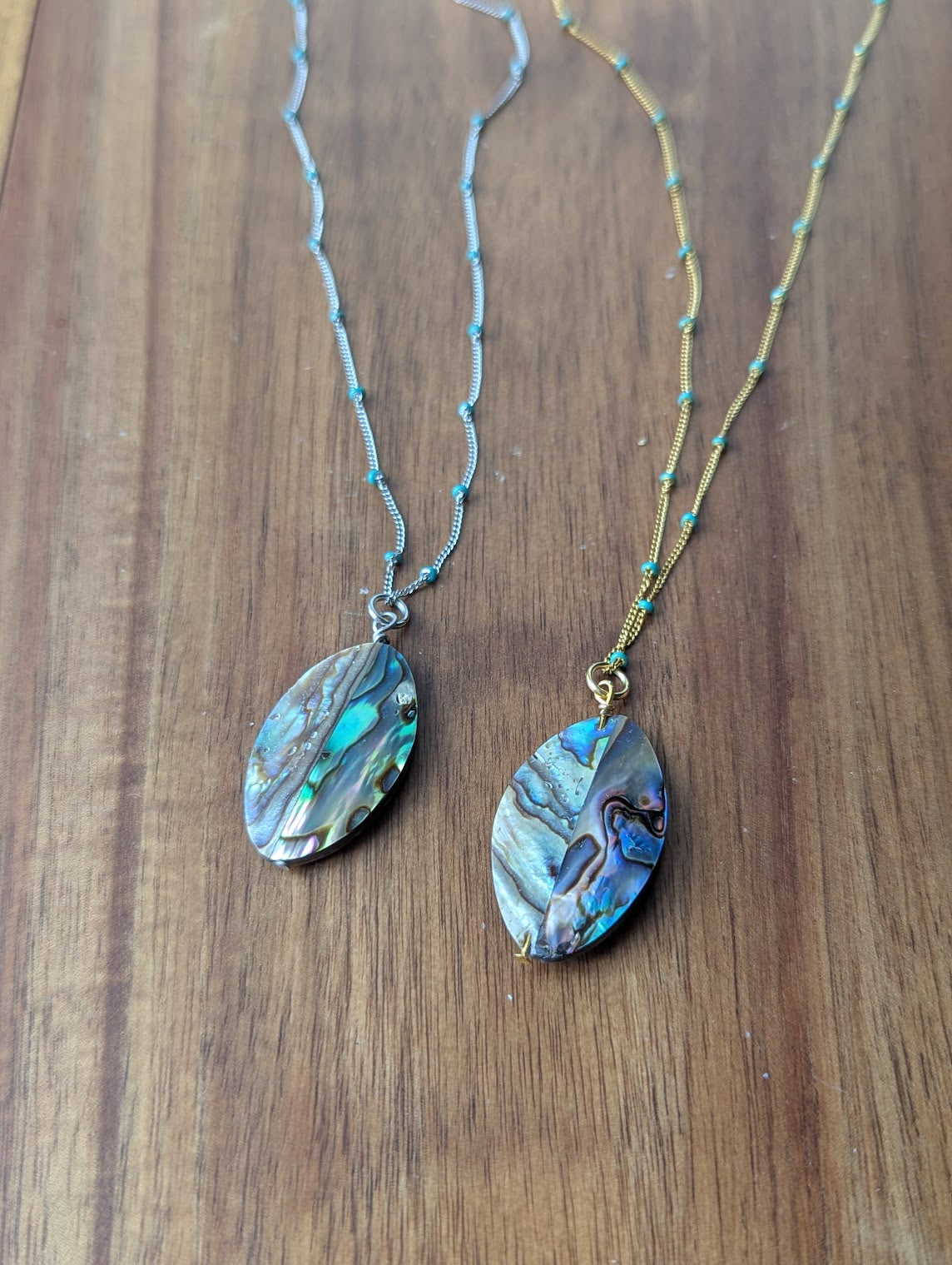 Abalone Shell Long Chain with Turquoise Accent Necklace (Silver or Gold)