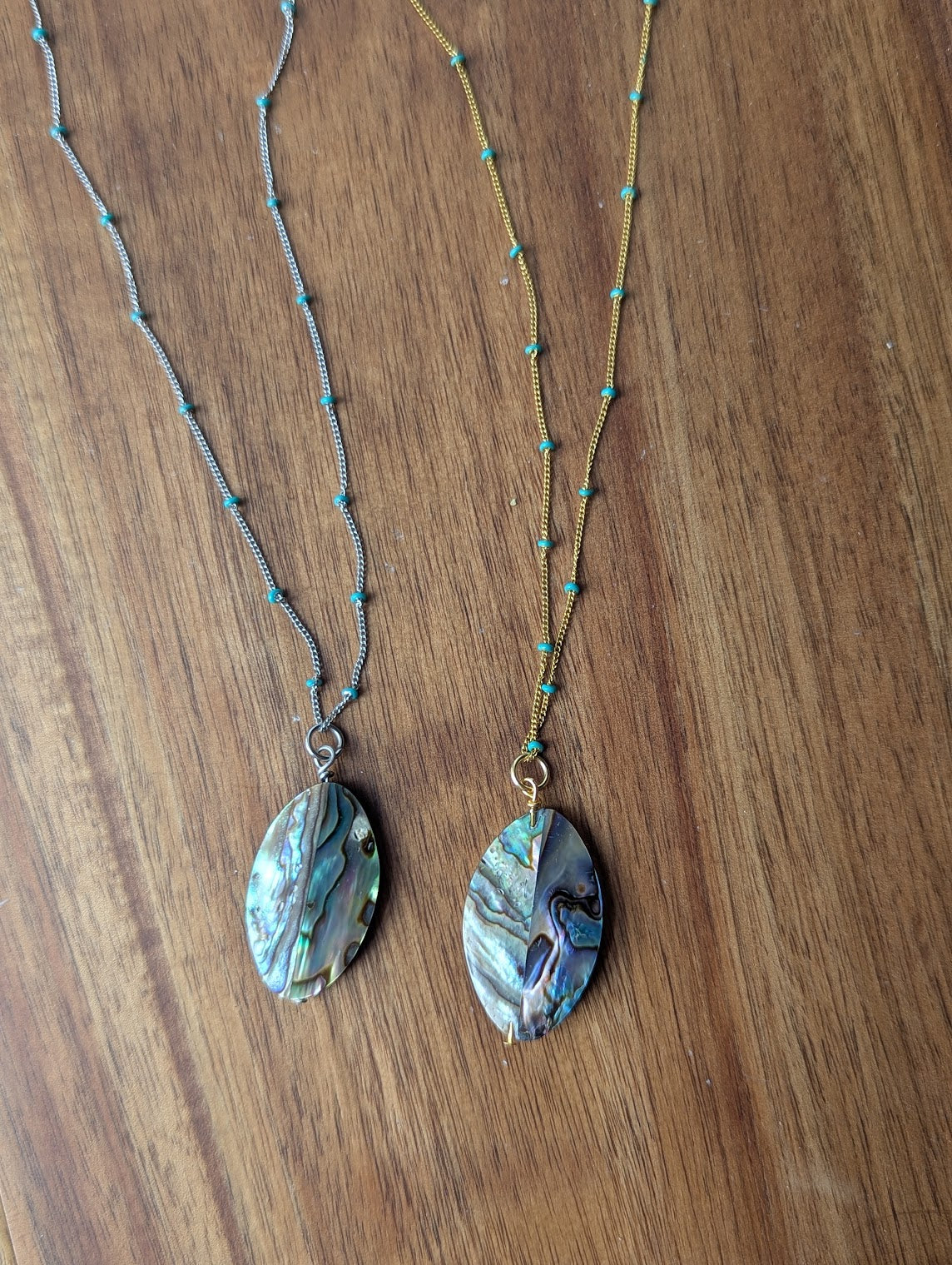 Abalone Shell Long Chain with Turquoise Accent Necklace (Silver or Gold)
