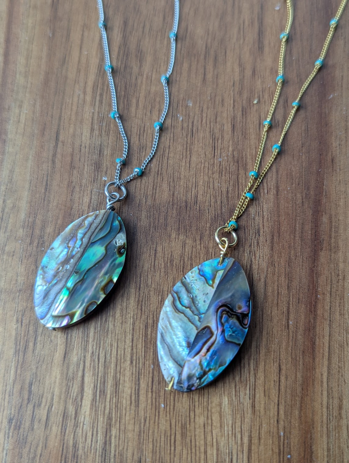 Abalone Shell Long Chain with Turquoise Accent Necklace (Silver or Gold)