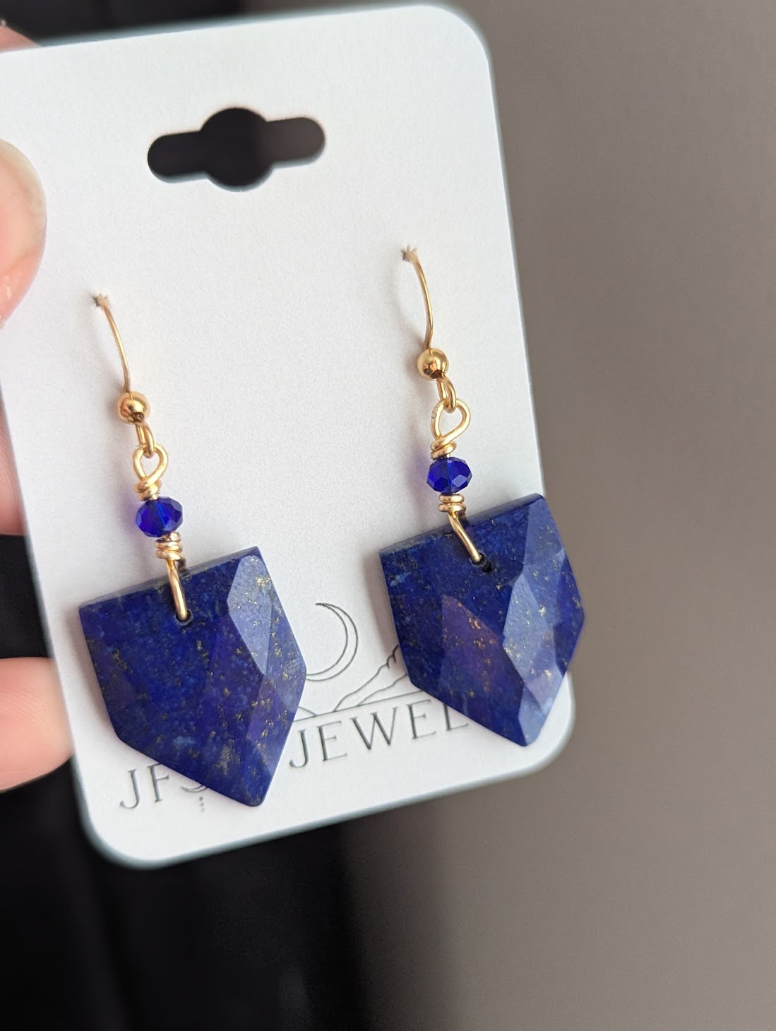 Faceted Lapis Lazuli Shield Gold Earrings