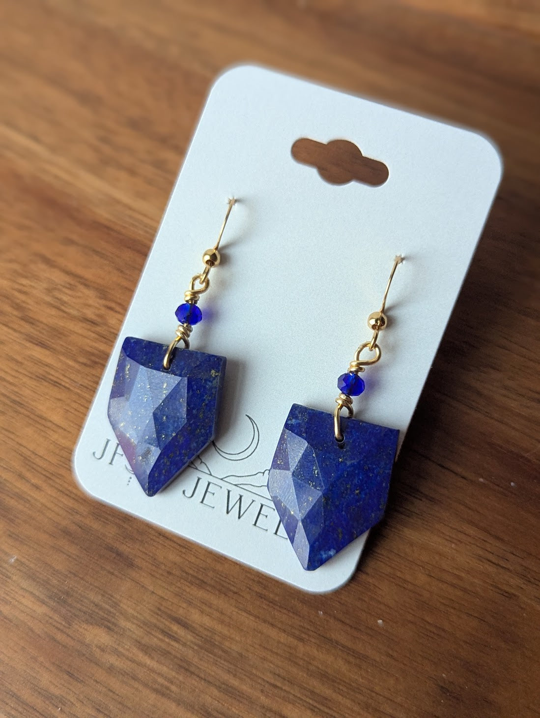 Faceted Lapis Lazuli Shield Gold Earrings