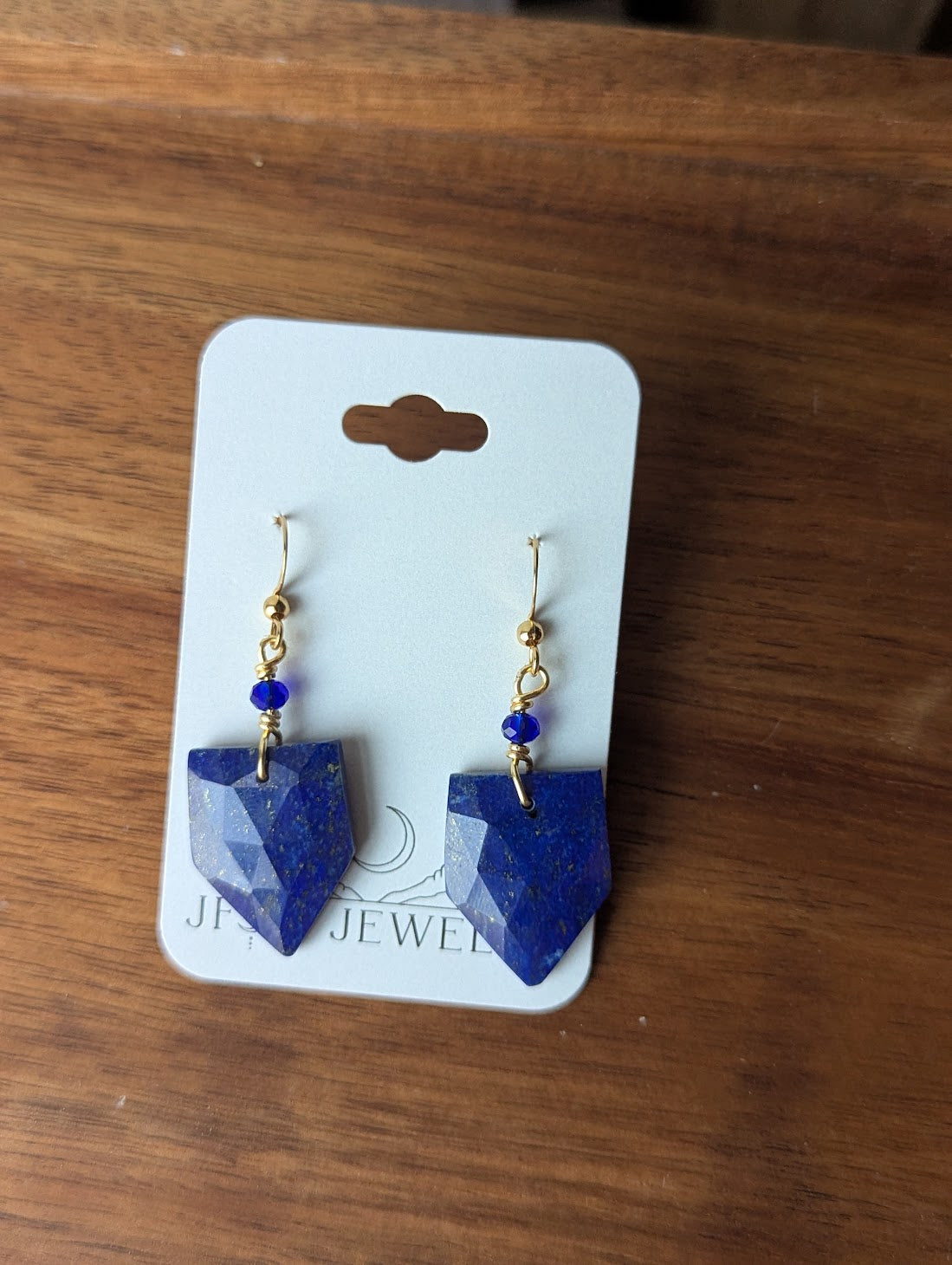 Faceted Lapis Lazuli Shield Gold Earrings