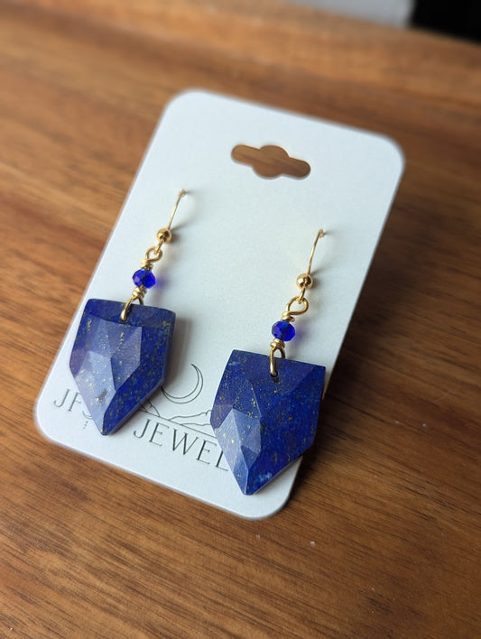 Faceted Lapis Lazuli Shield Gold Earrings