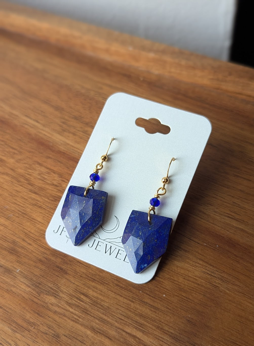 Faceted Lapis Lazuli Shield Gold Earrings