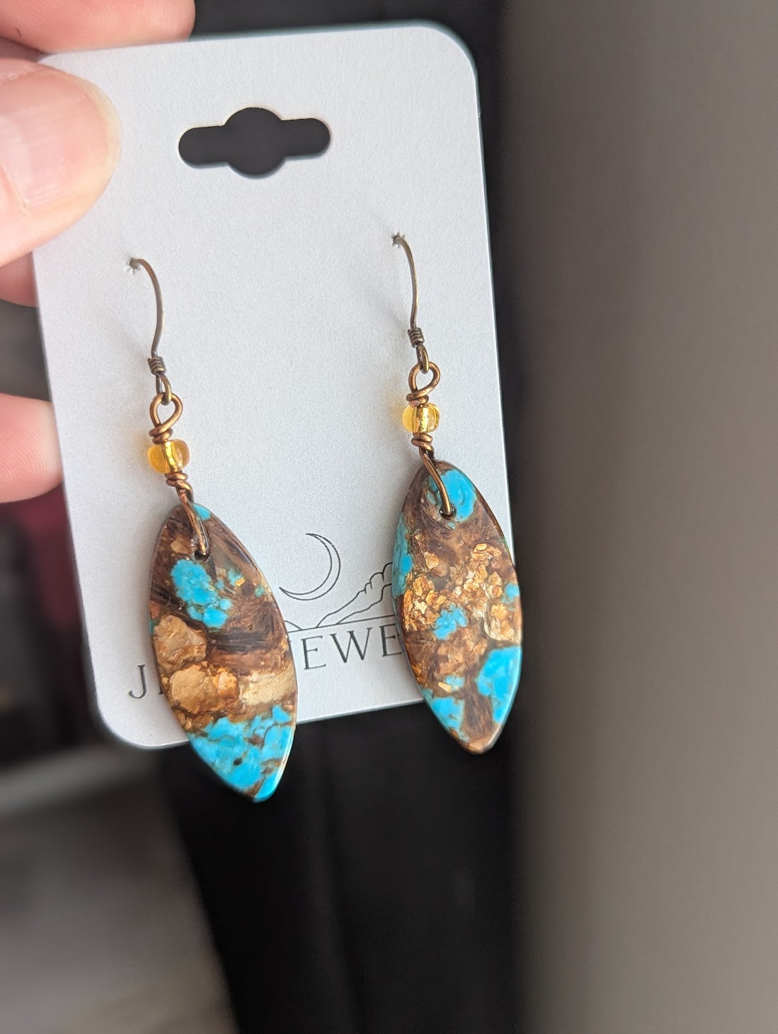 Turquoise Bronzite Marquise Brass Earrings