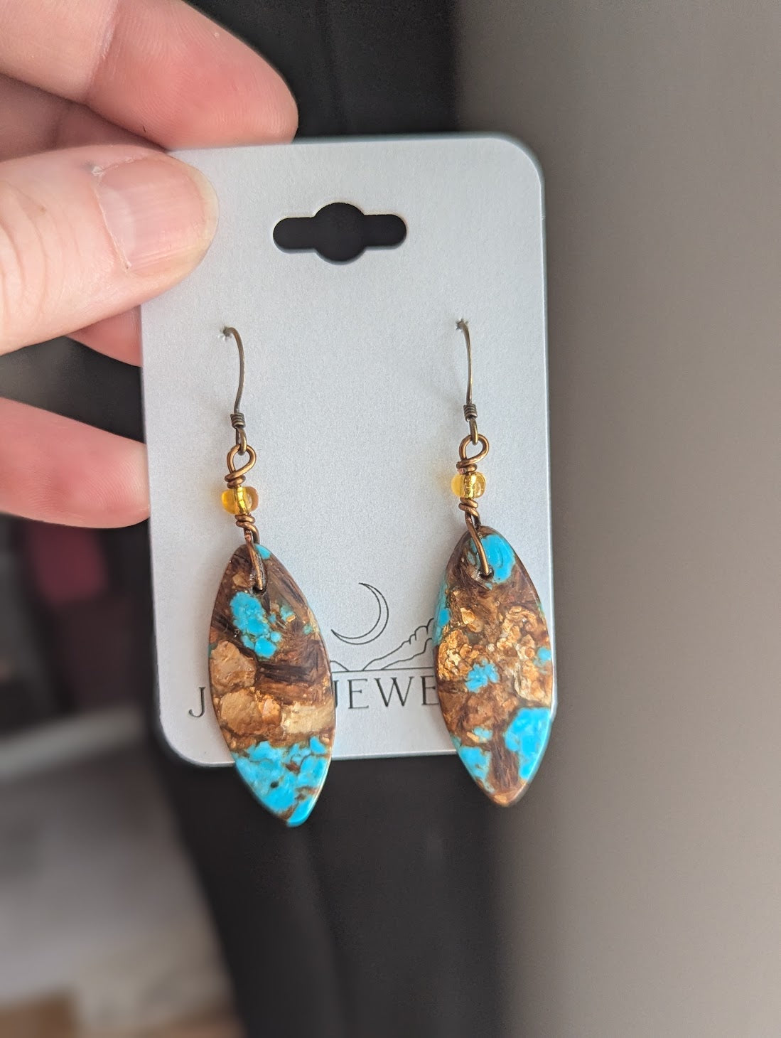 Turquoise Bronzite Marquise Brass Earrings
