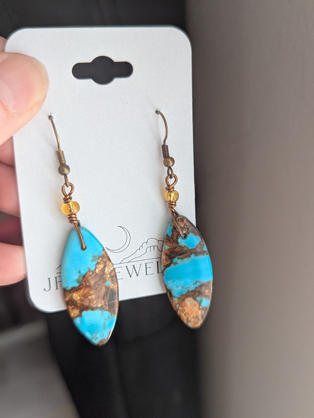 Turquoise Bronzite Marquise Brass Earrings