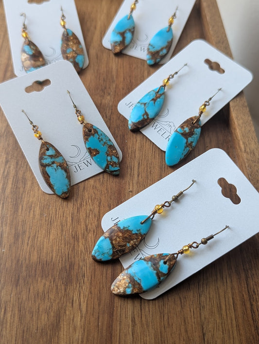 Turquoise Bronzite Marquise Brass Earrings