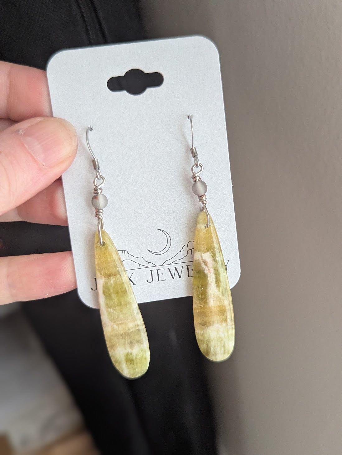 Yellow Fluorite Tear Drop Silver Stainless Earrings