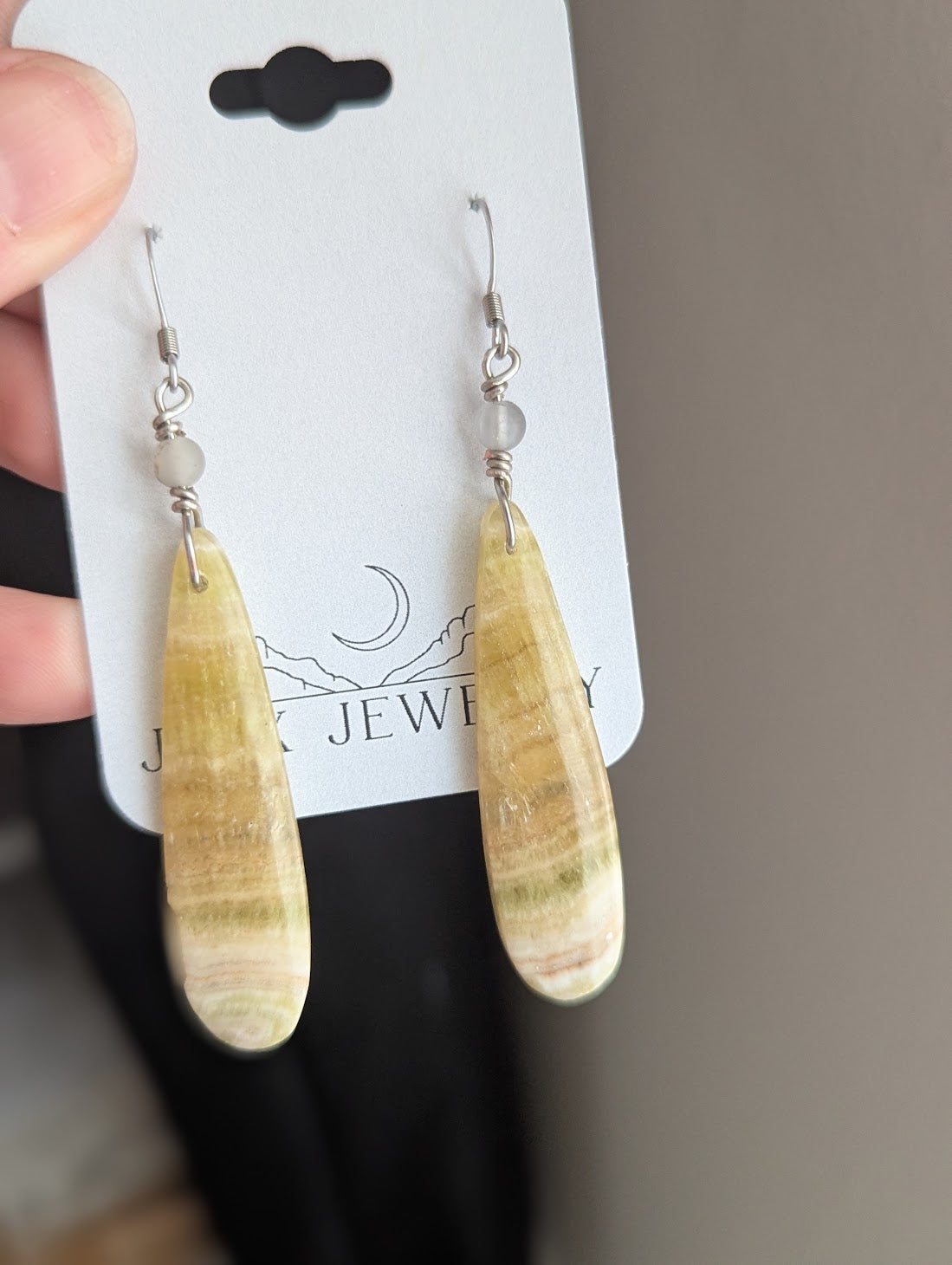 Yellow Fluorite Tear Drop Silver Stainless Earrings