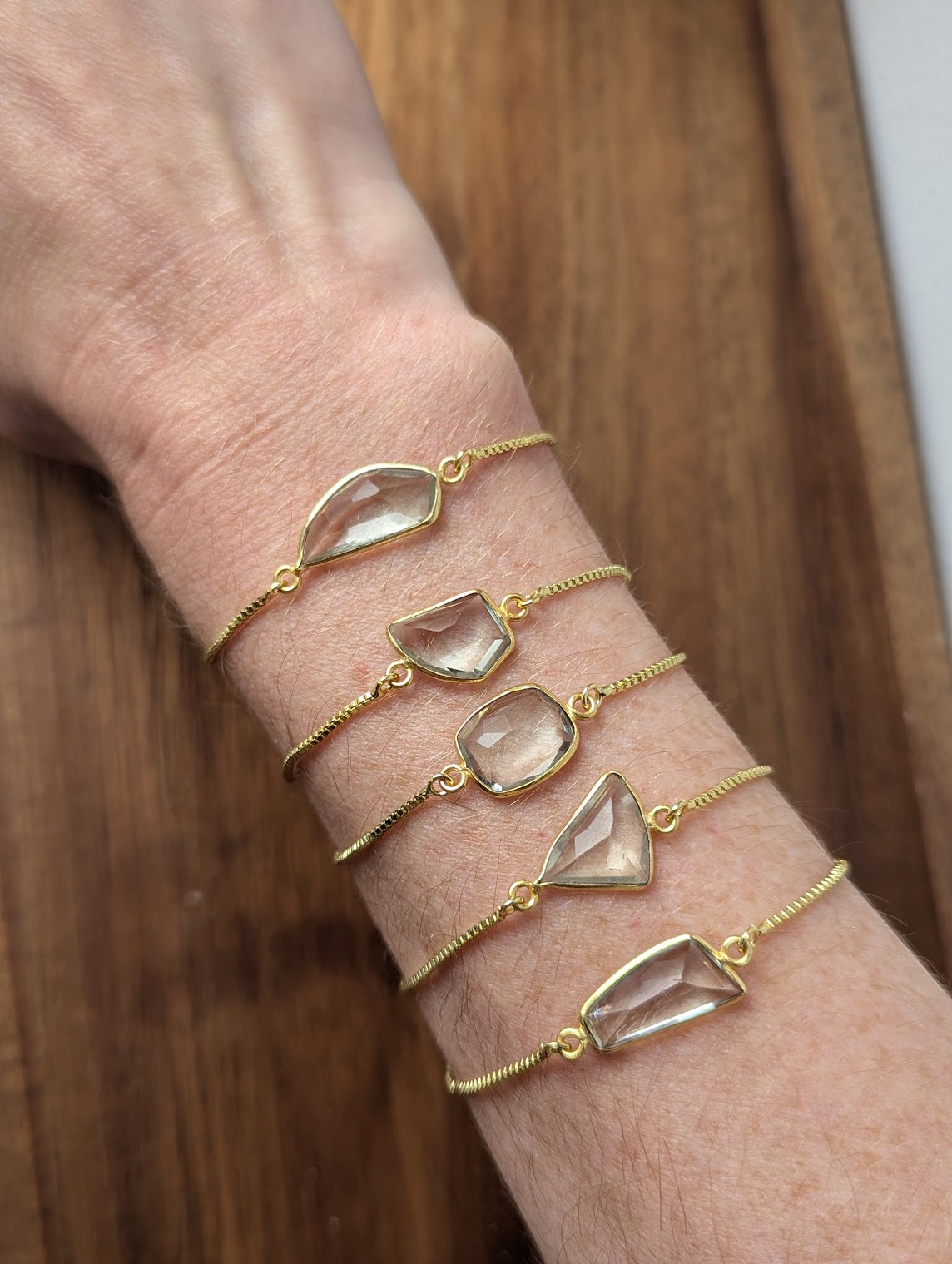 Light Green Clear Crystal Faceted Gold Slider Bracelet (Various Available)