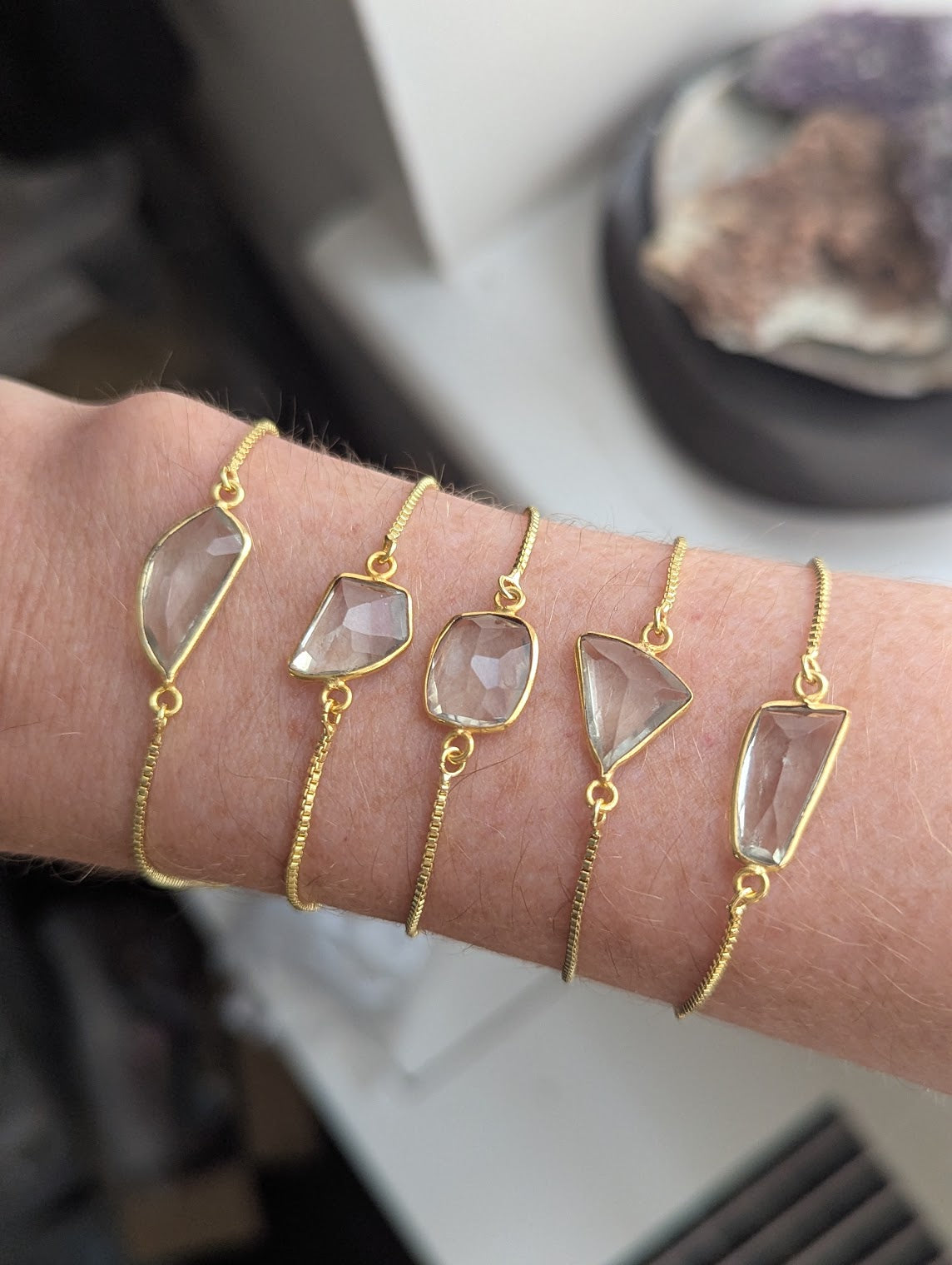 Light Green Clear Crystal Faceted Gold Slider Bracelet (Various Available)