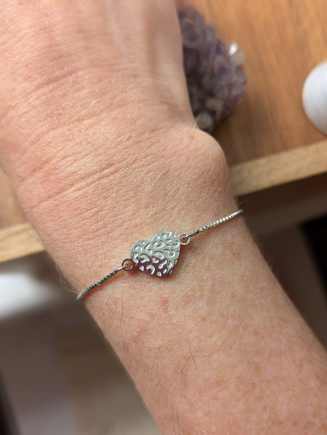 Textured Silver Heart Slider Bracelet