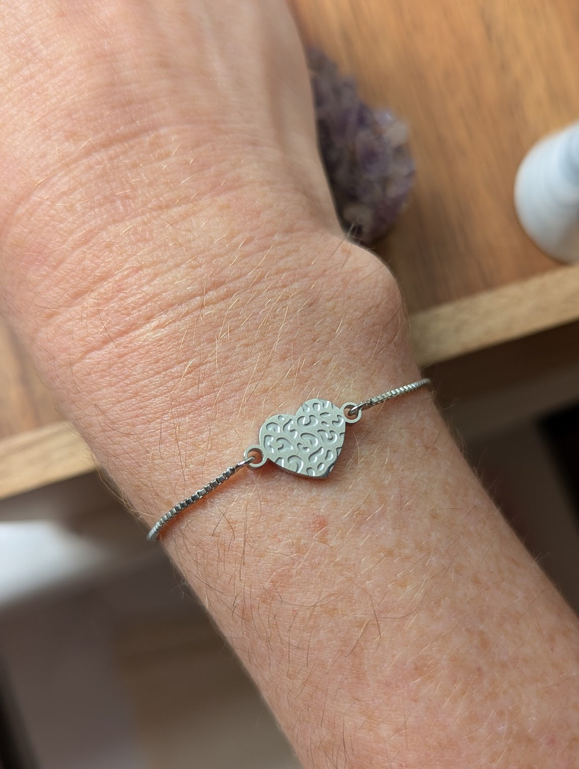 Textured Silver Heart Slider Bracelet