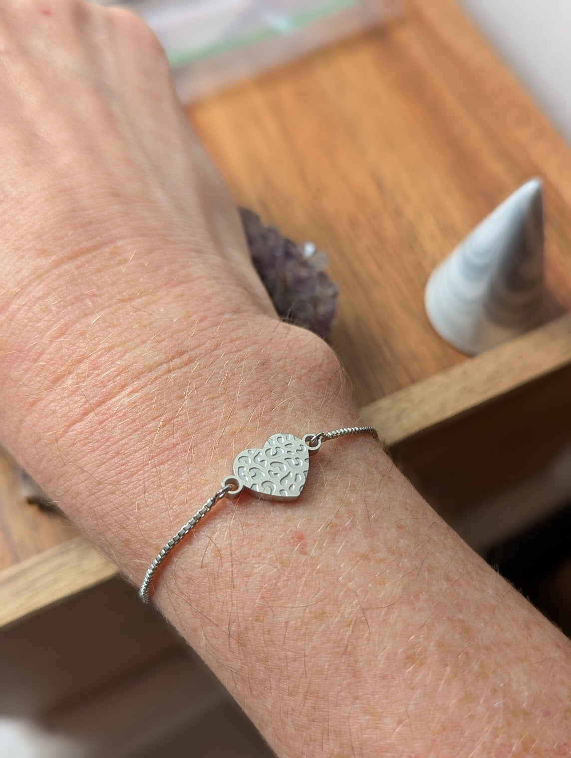 Textured Silver Heart Slider Bracelet