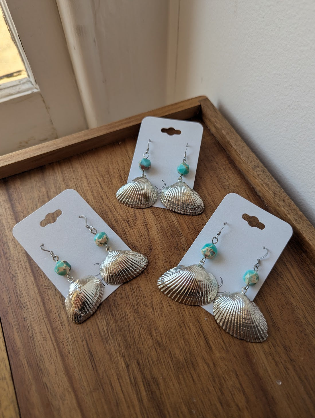 Silver Plated Scallop Shell Aqua Terra Earrings