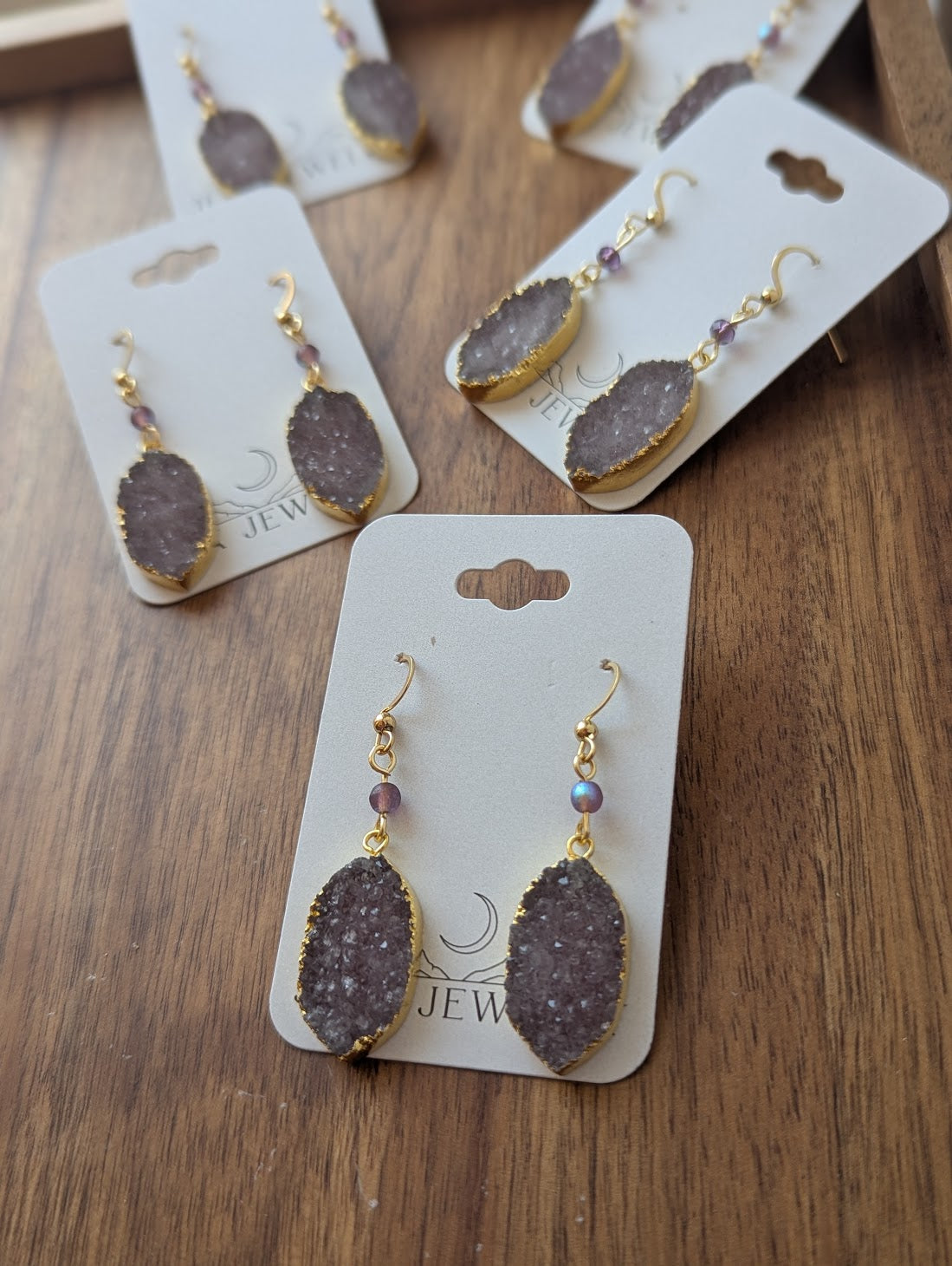 Purple Druzy Golden Leaf Earrings