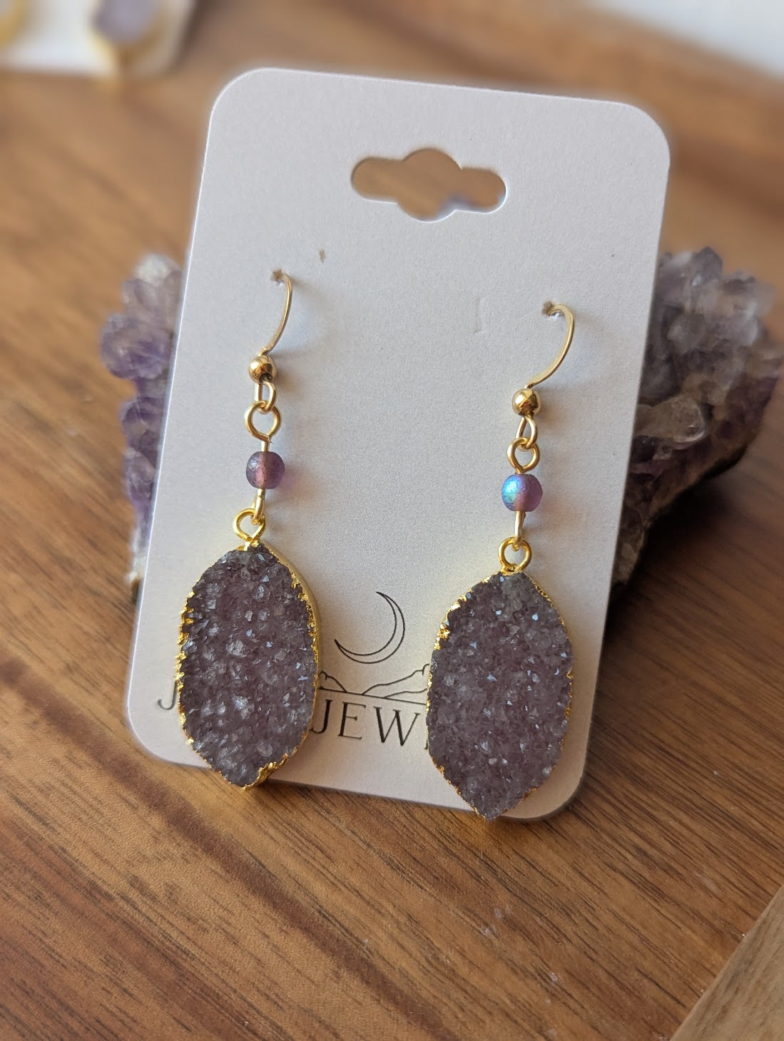 Purple Druzy Golden Leaf Earrings