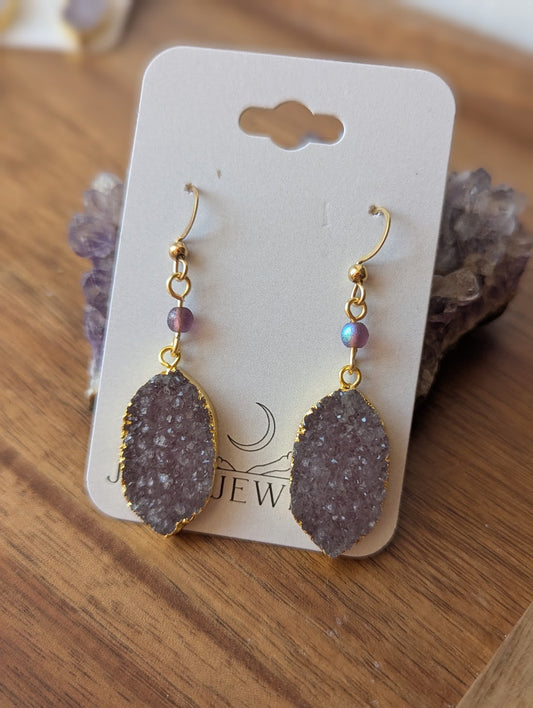 Purple Druzy Golden Leaf Earrings