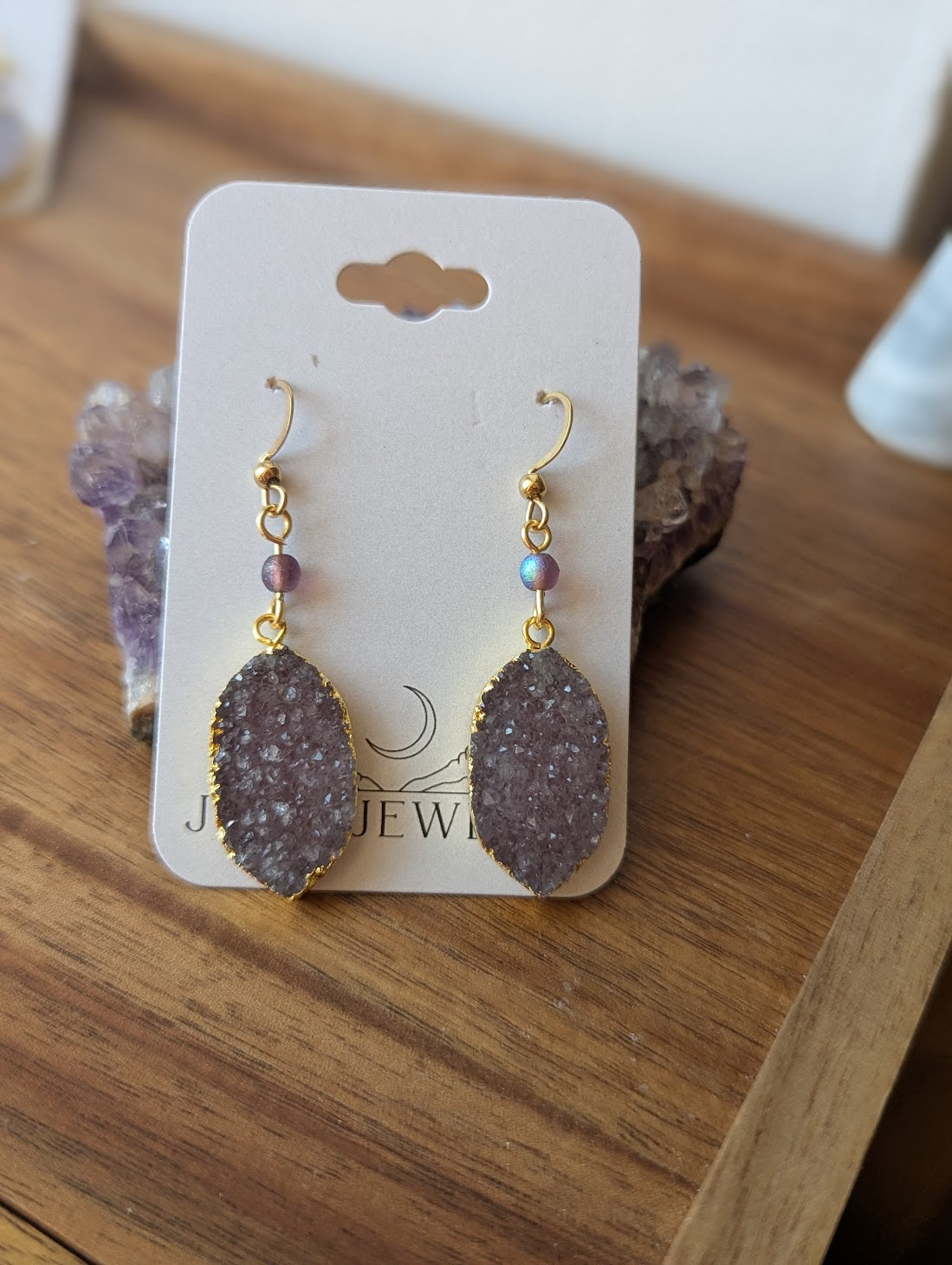Purple Druzy Golden Leaf Earrings