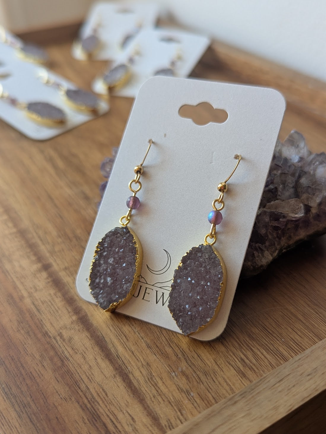 Purple Druzy Golden Leaf Earrings