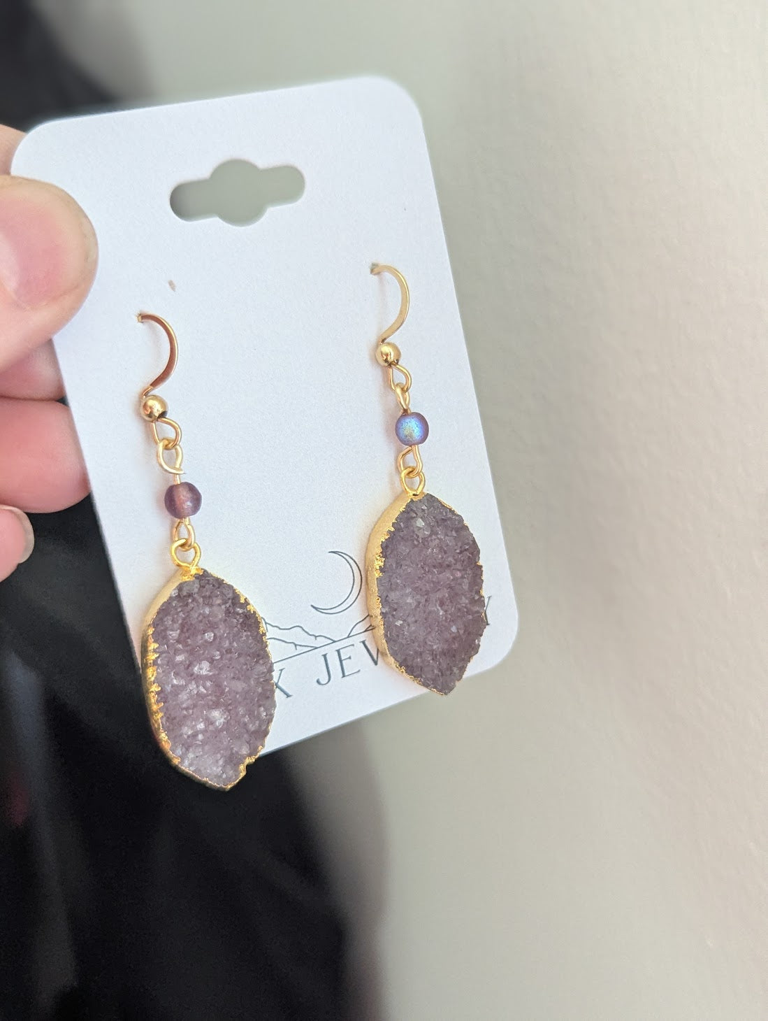 Purple Druzy Golden Leaf Earrings