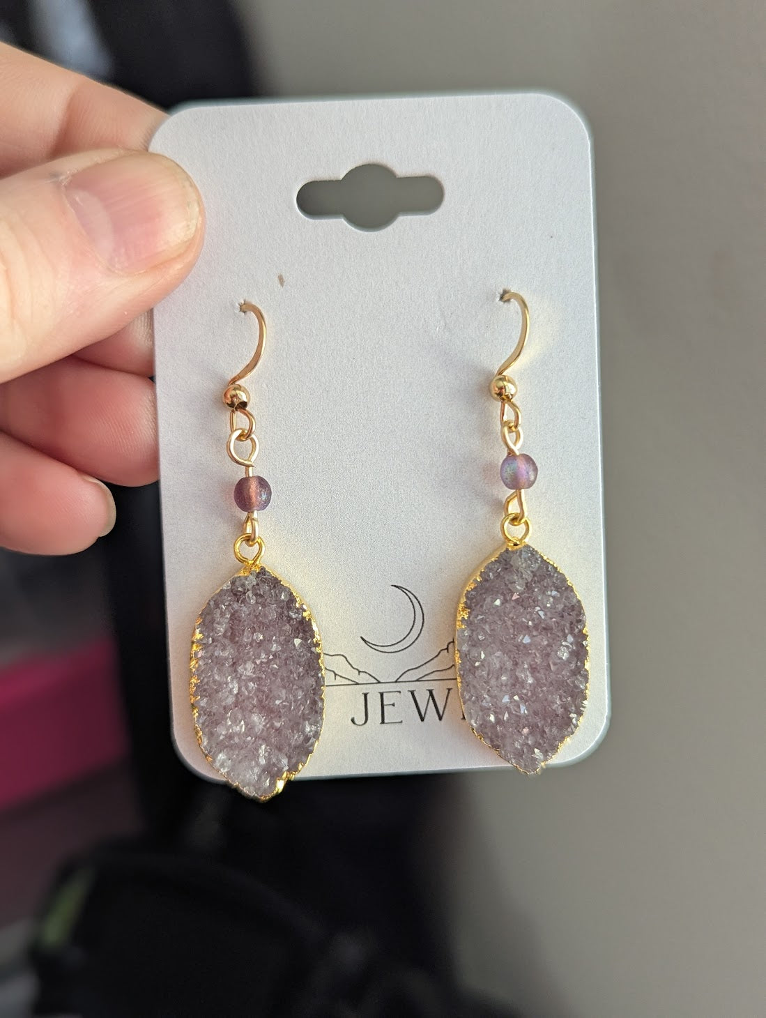 Purple Druzy Golden Leaf Earrings