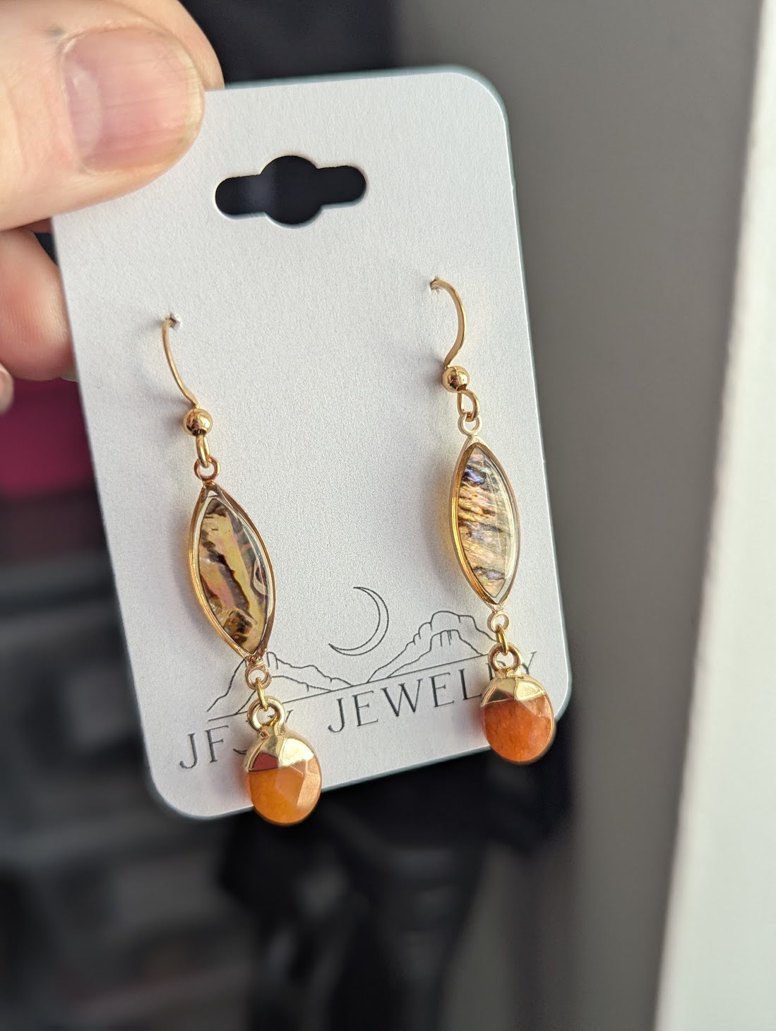 Abalone and Orange Crystal Gold Earrings