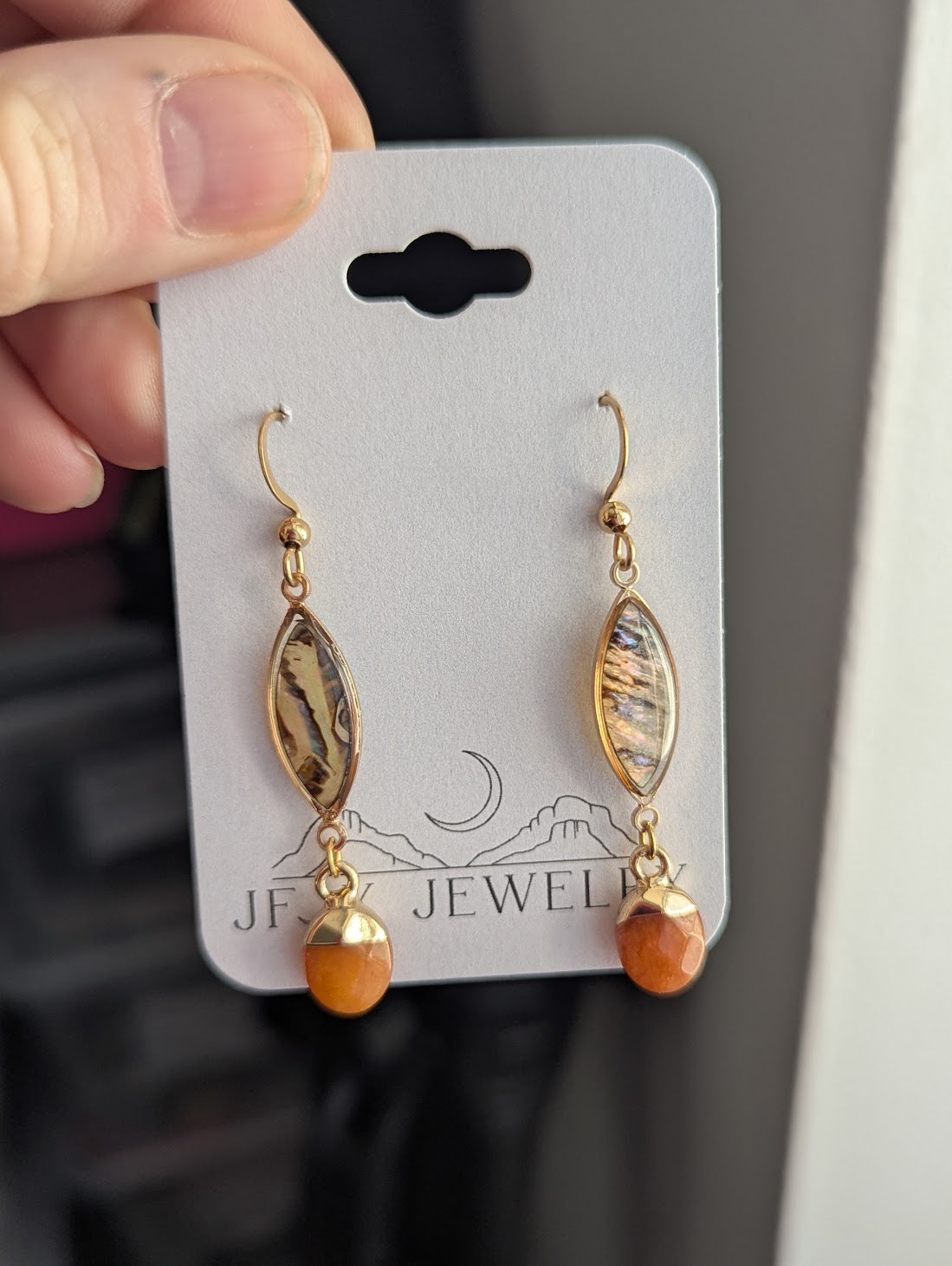 Abalone and Orange Crystal Gold Earrings