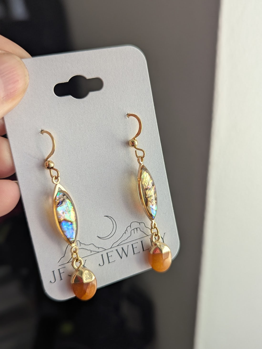 Abalone and Orange Crystal Gold Earrings