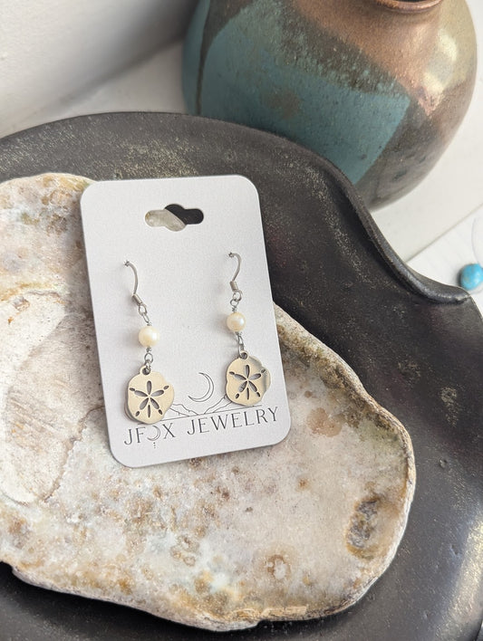 Silver Sand Dollar Freshwater Pearl Earrings