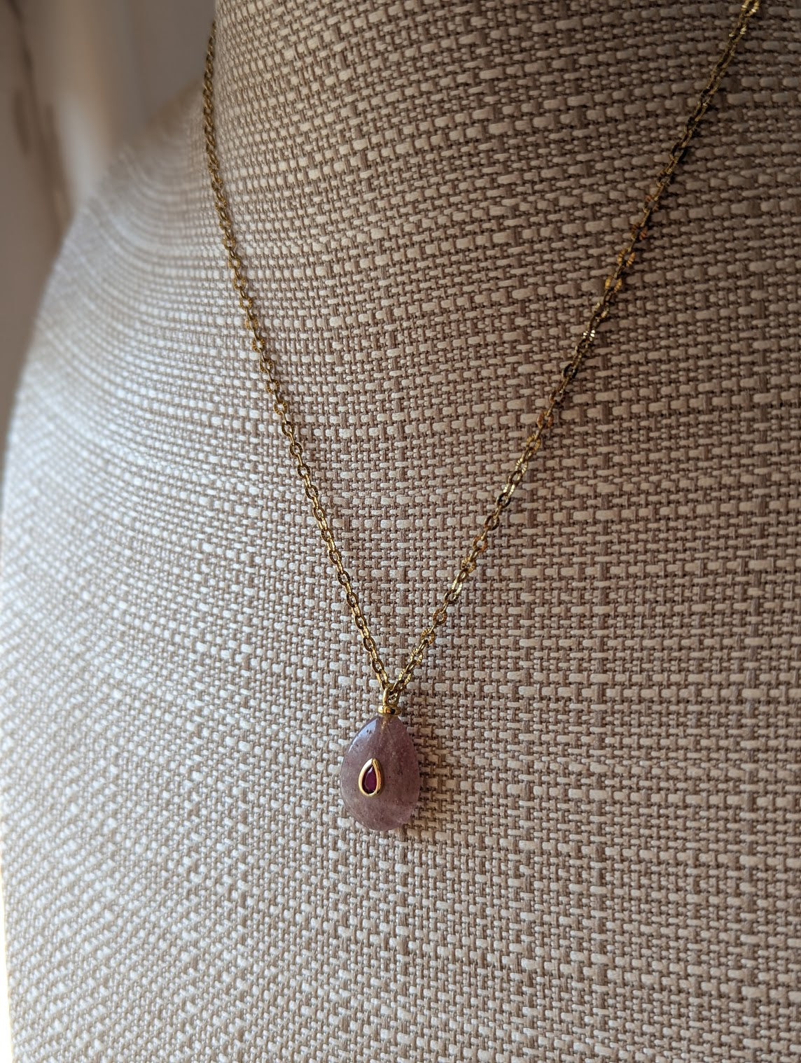 Strawberry Quartz Tear Drop with Pink Zircon Gold Necklace