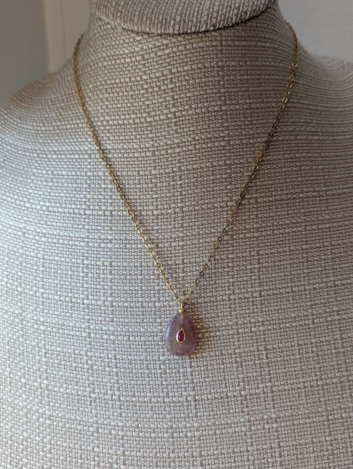 Strawberry Quartz Tear Drop with Pink Zircon Gold Necklace