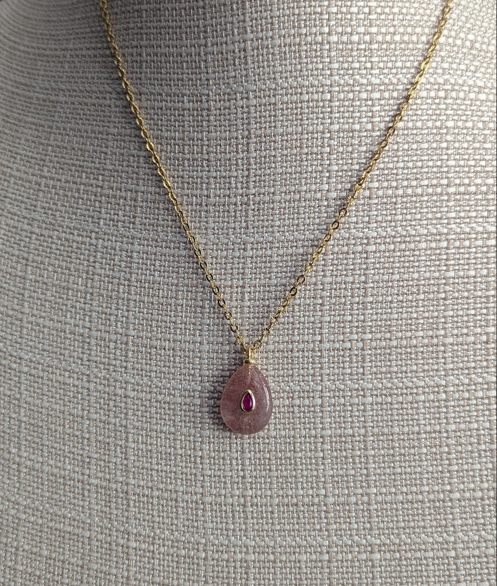 Strawberry Quartz Tear Drop with Pink Zircon Gold Necklace