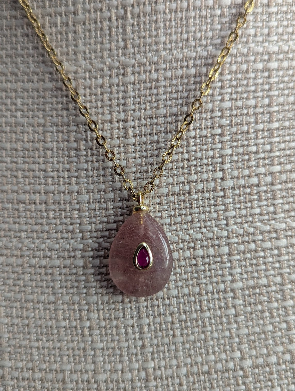 Strawberry Quartz Tear Drop with Pink Zircon Gold Necklace