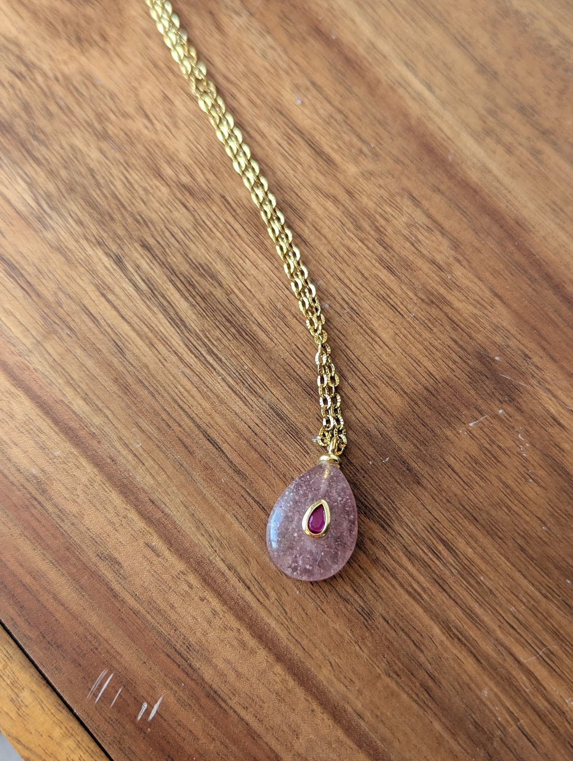 Strawberry Quartz Tear Drop with Pink Zircon Gold Necklace