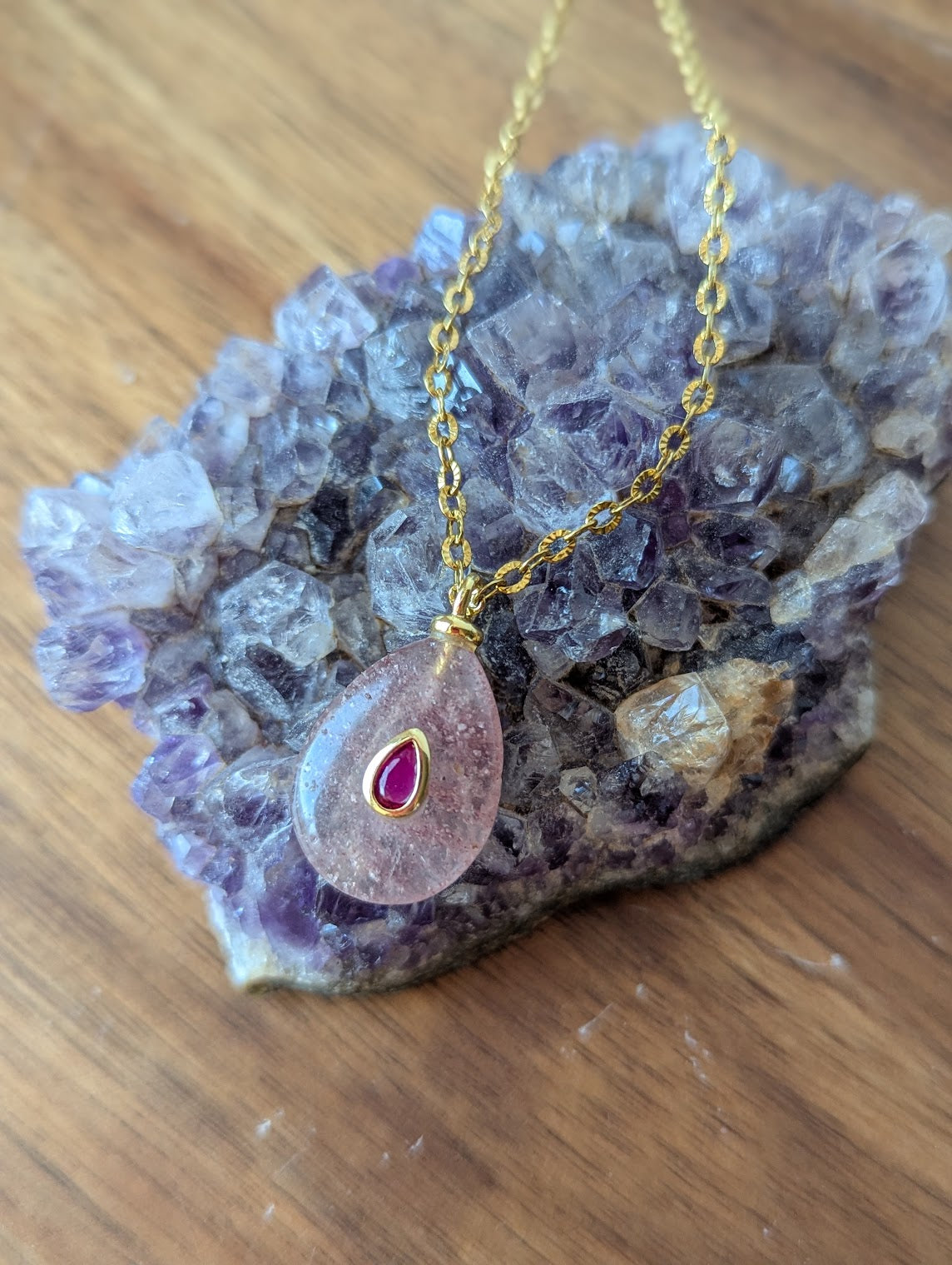 Strawberry Quartz Tear Drop with Pink Zircon Gold Necklace