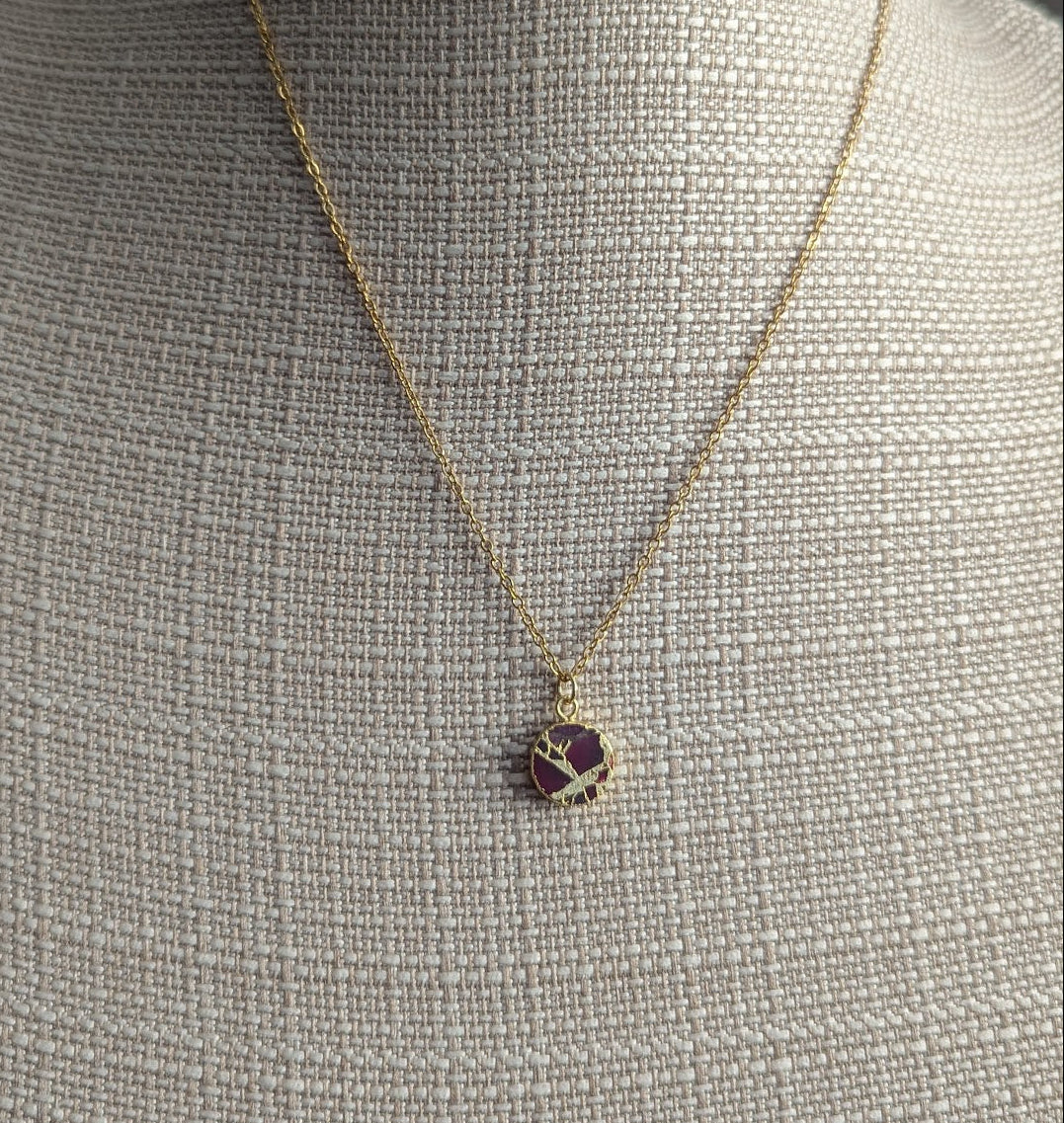 Fuchsia Round Mosaic Gold Necklace