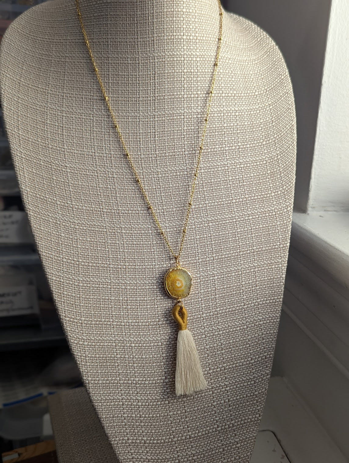 Agate Slice with Tassel Gold Necklace (Various Colors Available)