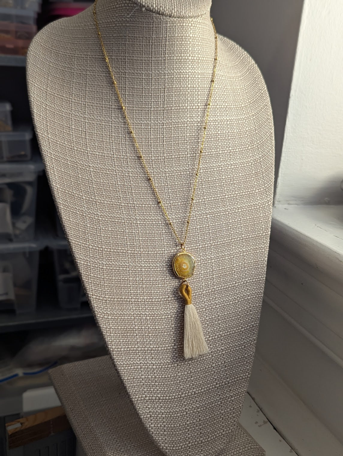 Agate Slice with Tassel Gold Necklace (Various Colors Available)