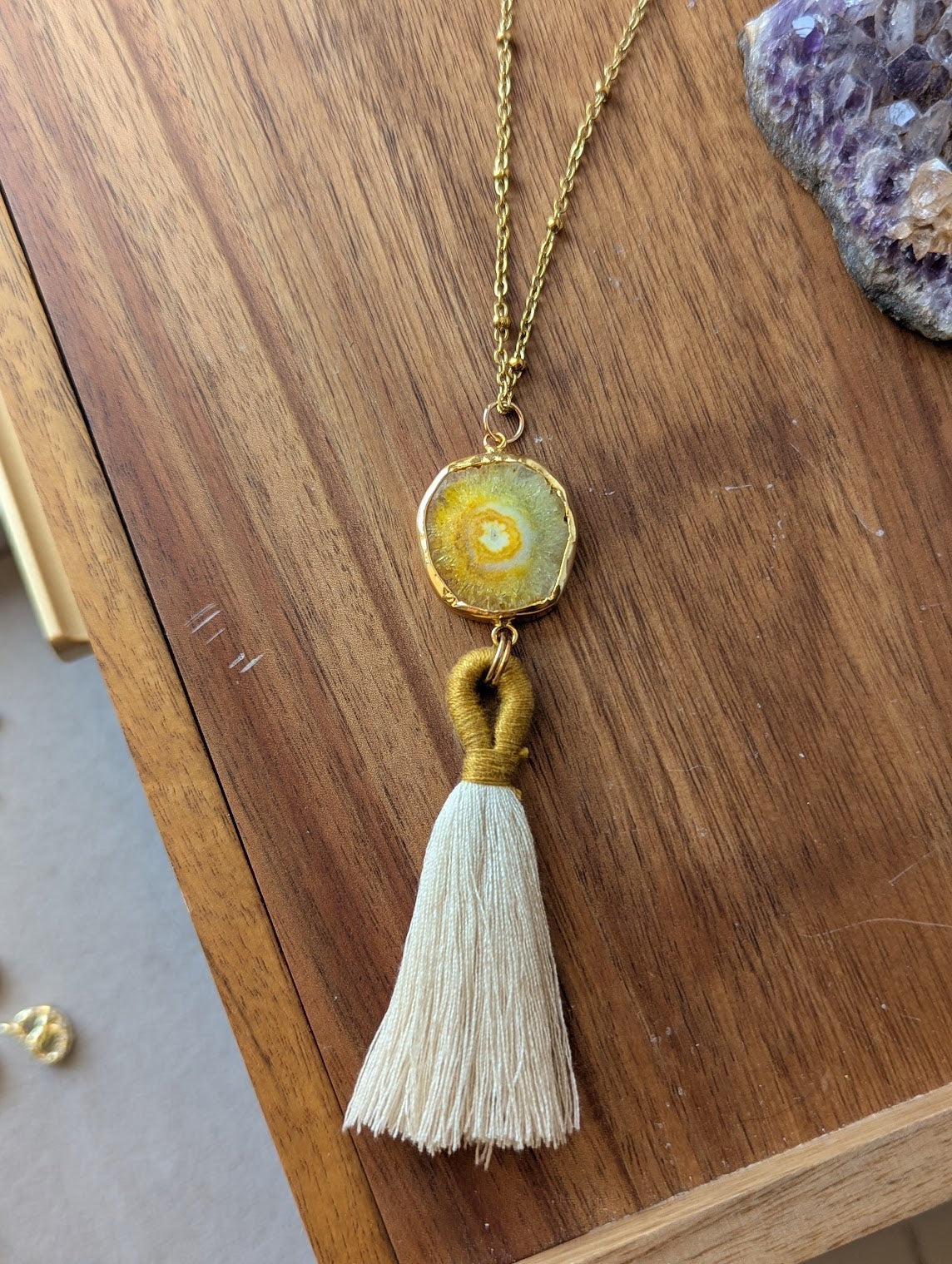 Agate Slice with Tassel Gold Necklace (Various Colors Available)