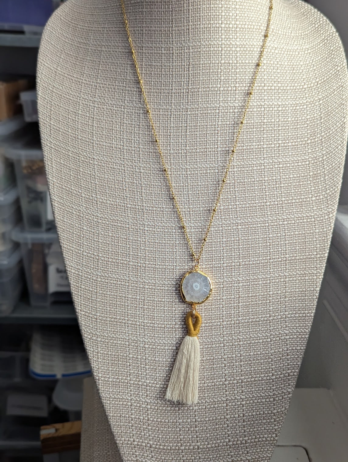 Agate Slice with Tassel Gold Necklace (Various Colors Available)