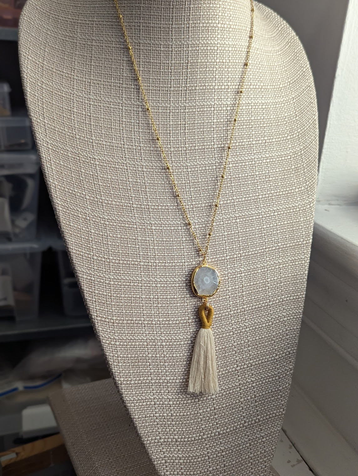 Agate Slice with Tassel Gold Necklace (Various Colors Available)