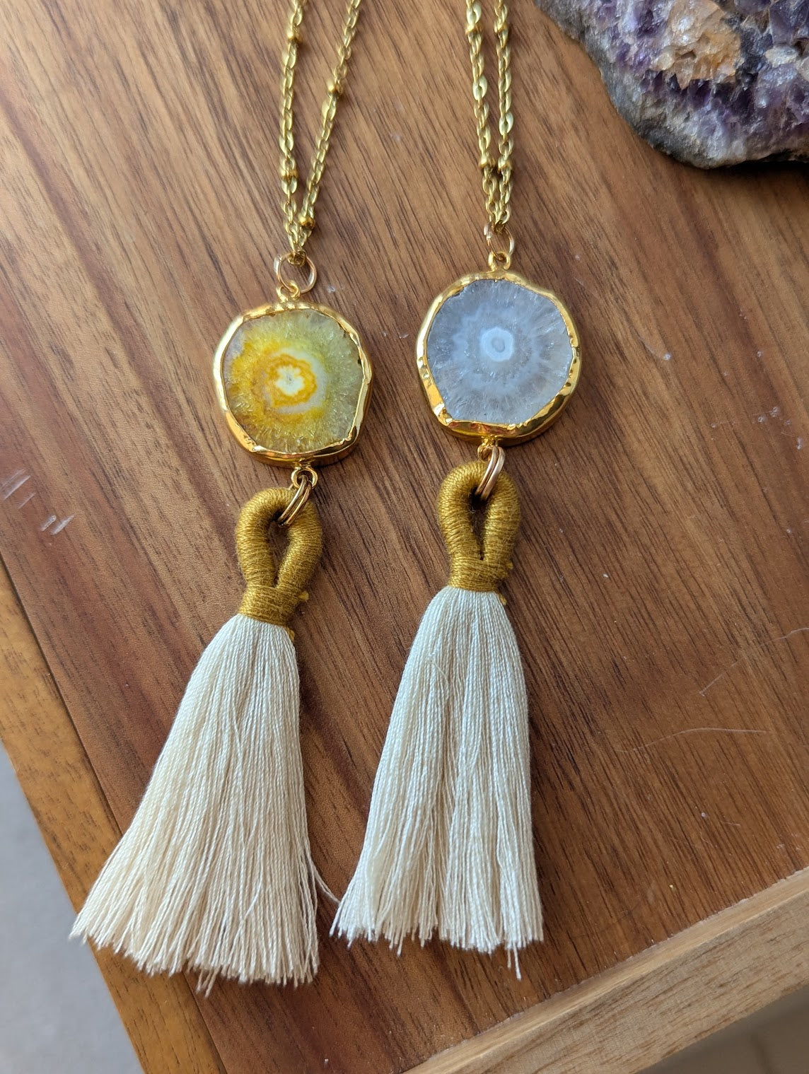 Agate Slice with Tassel Gold Necklace (Various Colors Available)