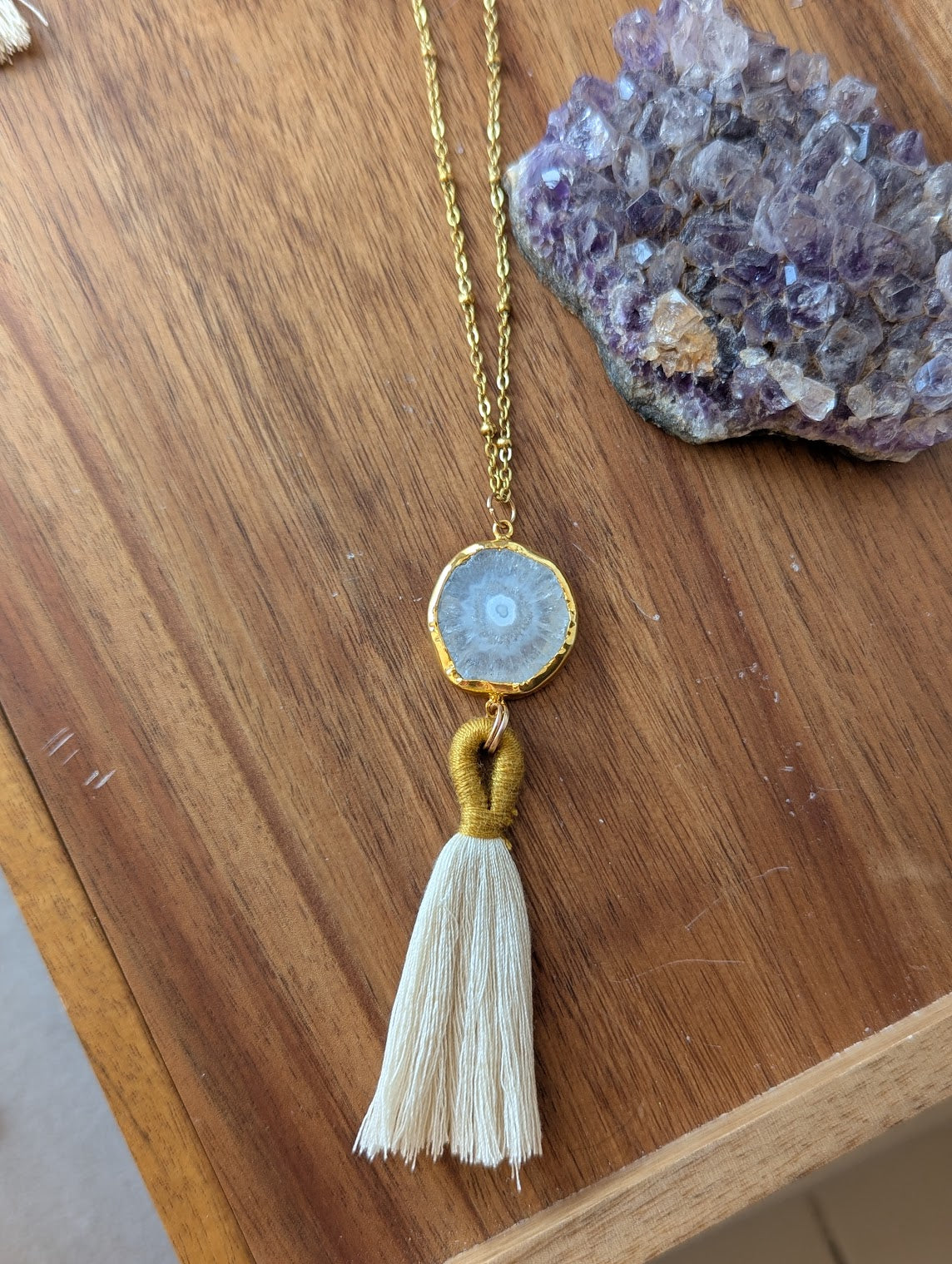 Agate Slice with Tassel Gold Necklace (Various Colors Available)