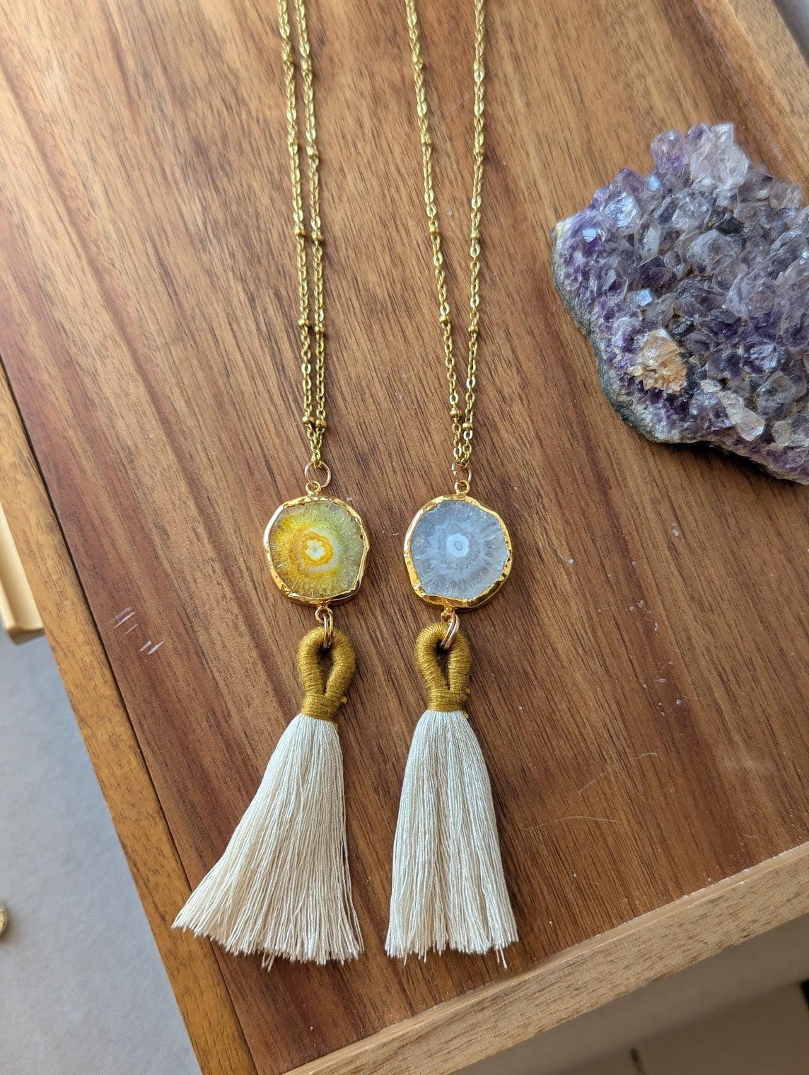 Agate Slice with Tassel Gold Necklace (Various Colors Available)