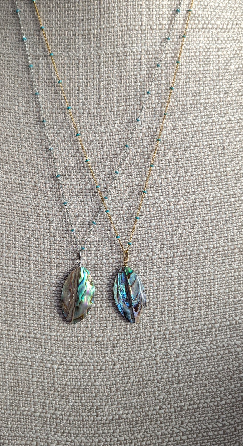 Abalone Shell Long Chain with Turquoise Accent Necklace (Silver or Gold)