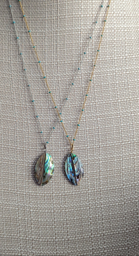 Abalone Shell Long Chain with Turquoise Accent Necklace (Silver or Gold)