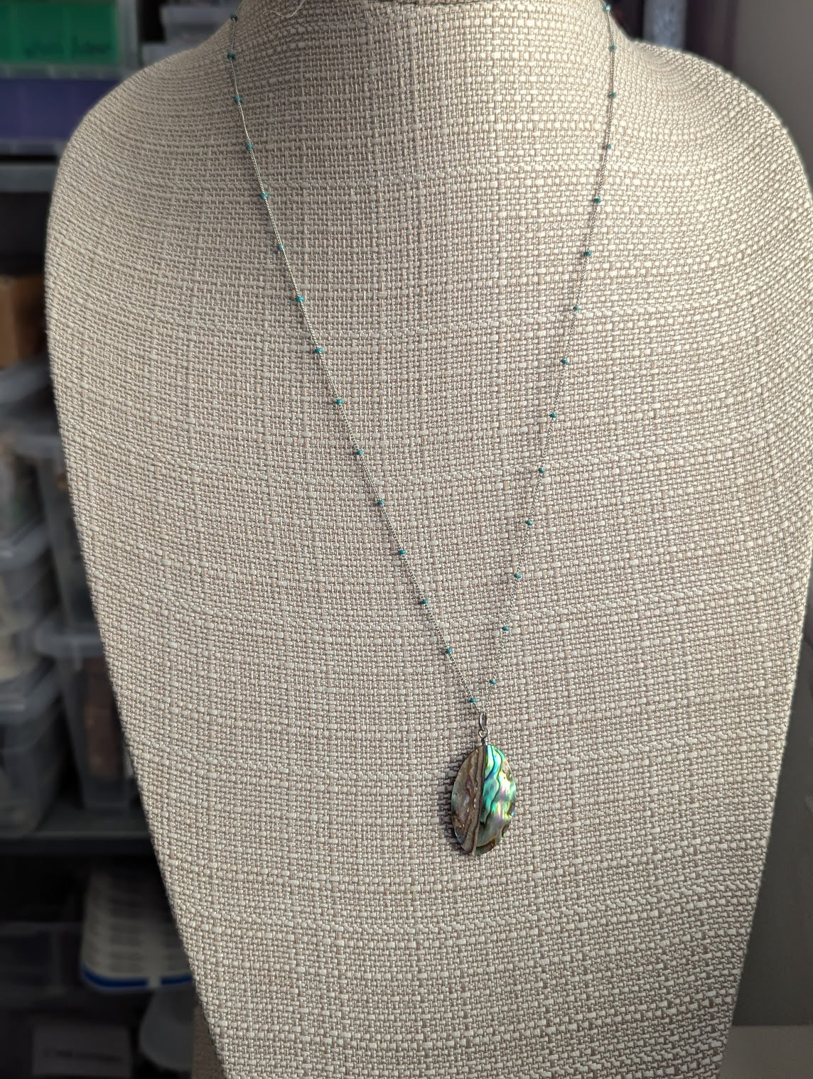 Abalone Shell Long Chain with Turquoise Accent Necklace (Silver or Gold)